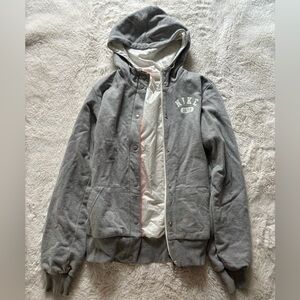 RARE Nike - Gray and White Double Sided Varsity Bomber Hooded Jacket